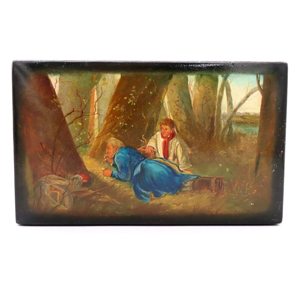 Vintage 1951 "The Bird Catcher" Fedoskino Lacquer Trinket Box Hand Painted